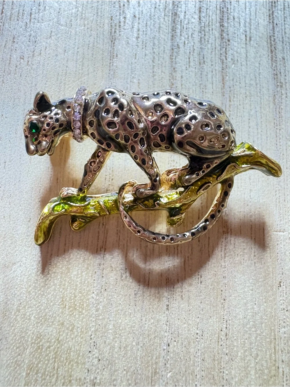 Gold-Tone Leopard Brooch with Green Accent on Branch